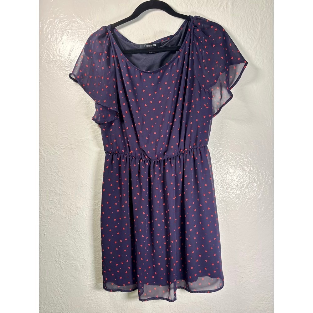 Forever 21 Navy Blue Red Heart Dress Lined Flutter‎ Sleeves Sz L Flirty Dollcore